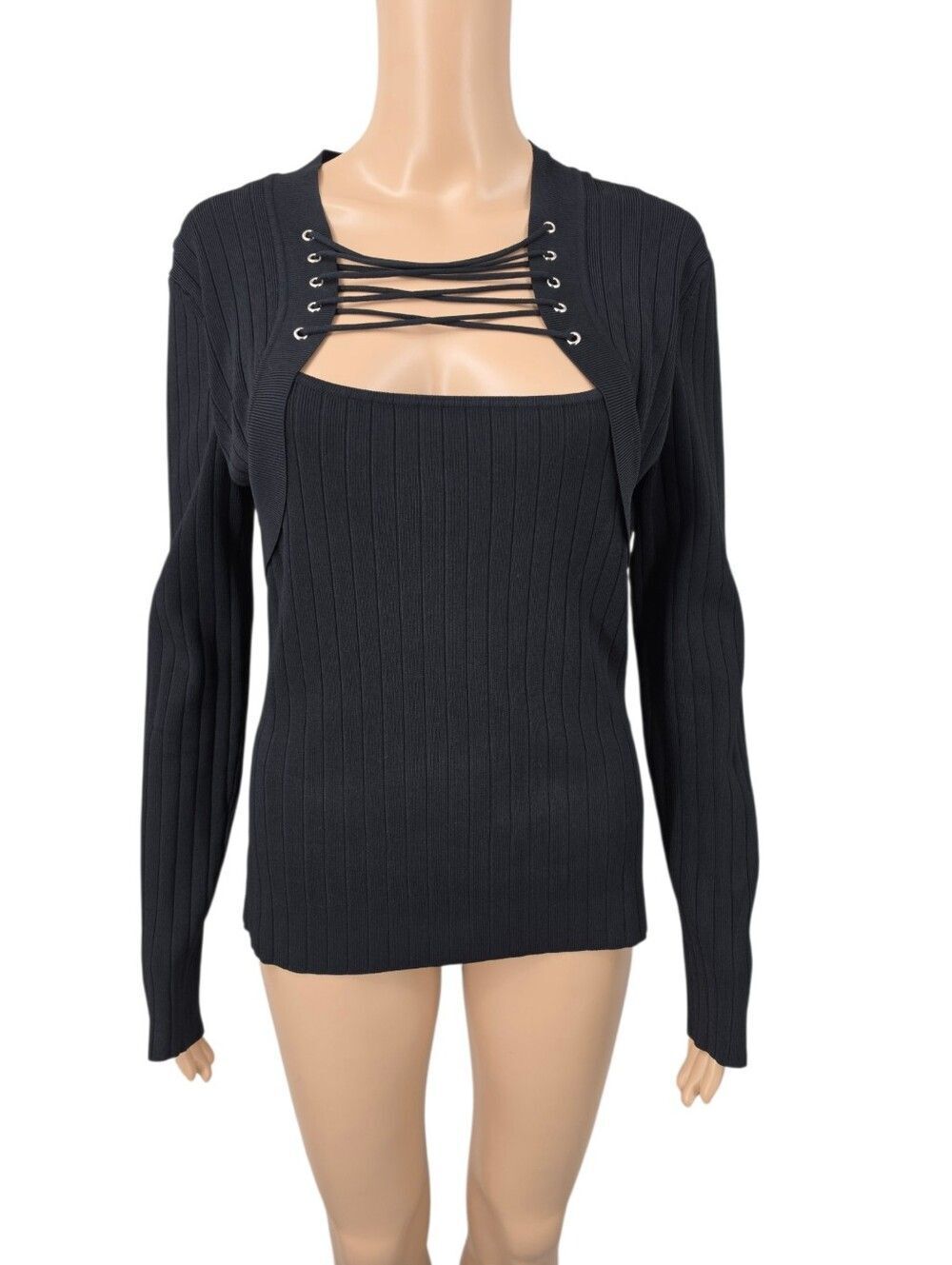 Stretch Rib Knit Lace-Up Bolero Cut Out Black Long Sleeve Top Goth